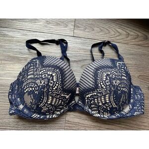 Navy Blue Lace Overlay Padded Push-Up Bra  Elegant Pattern Victoria Secret‎ 32C